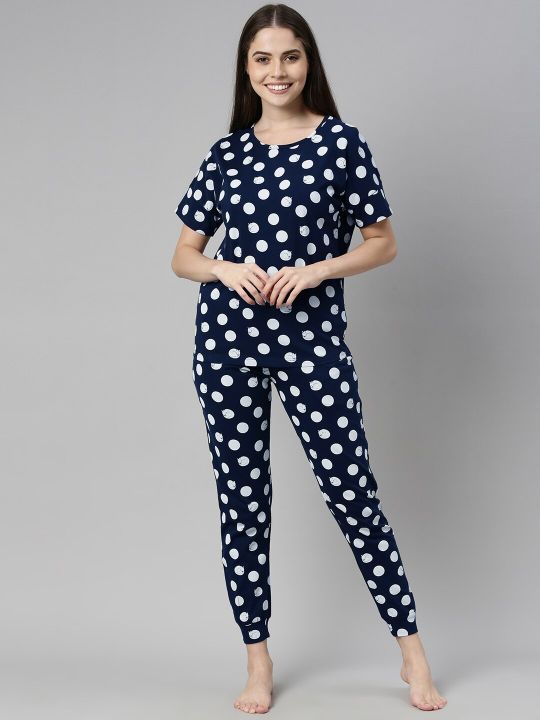 Mast & Harbour Women Navy Blue & White Polka Dot Printed Night Suit