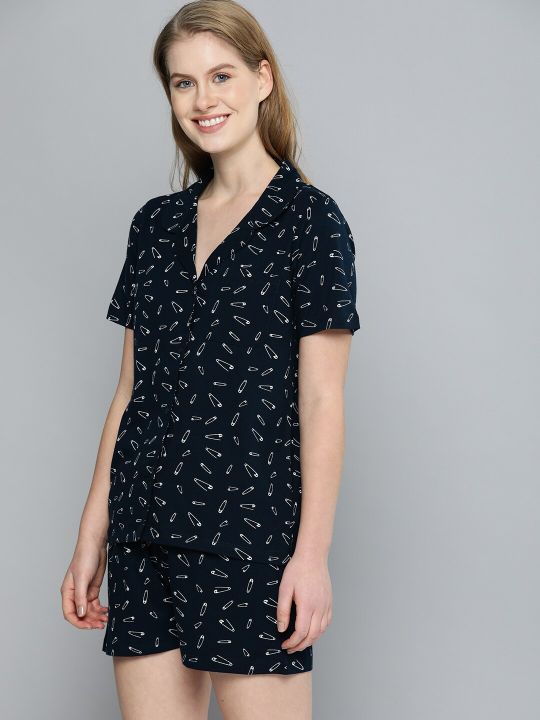 Mast & Harbour Women Navy Blue & White Printed Night suit