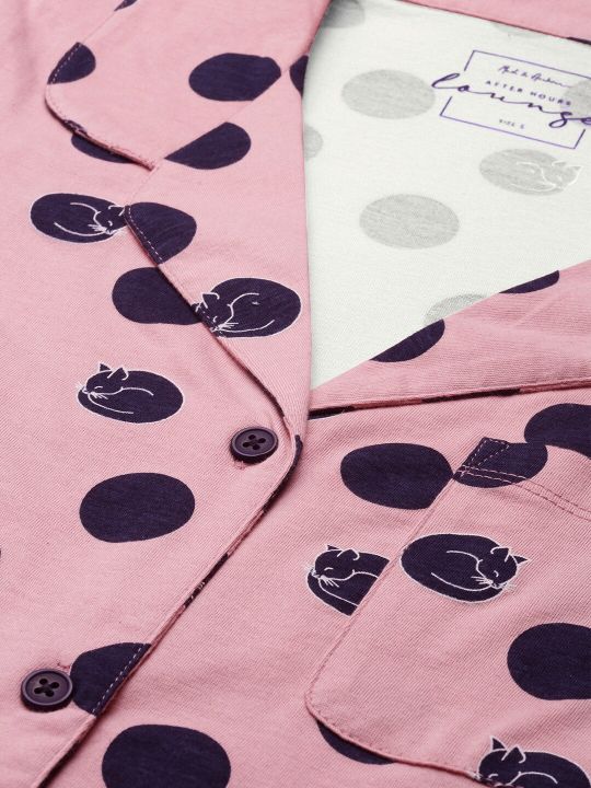 Mast & Harbour Women Pink & Navy Blue Polka Dot Printed Night Suit