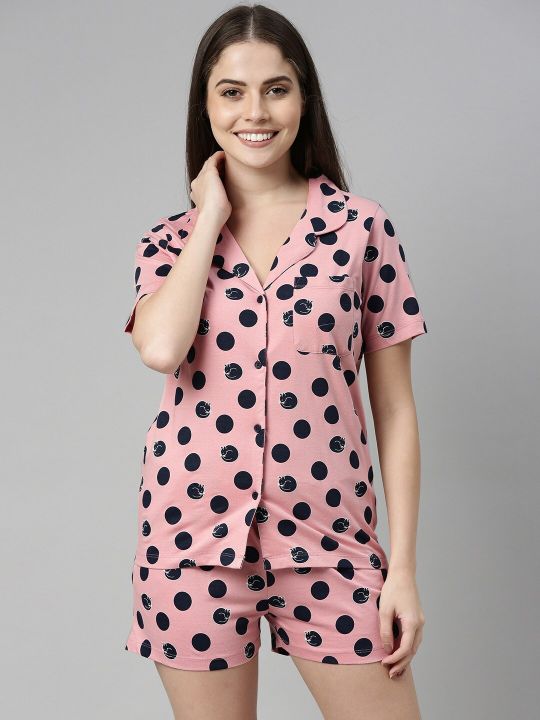 Mast & Harbour Women Pink & Navy Blue Polka Dot Printed Night Suit