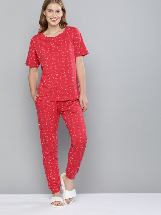 Mast & Harbour Women Red & White Safety Pin Print Night suit with Fabric Pouch