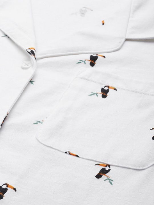 Mast & Harbour Women White & Black Toucan Print Night suit with Fabric Pouch