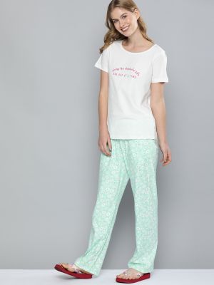 Mast & Harbour Women White & Pink Typography Print Night suit with Fabric Pouch