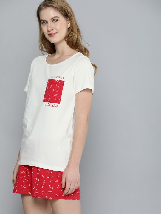 Mast & Harbour Women White & Red Printed Night suit