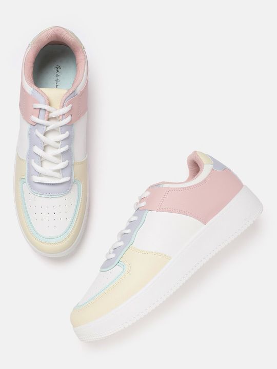 Mast & Harbour Women White & Yellow Colourblocked Sneakers