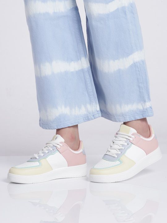 Mast & Harbour Women White & Yellow Colourblocked Sneakers