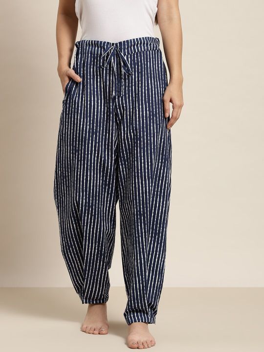 MBeautiful Women Blue Striped Organic Cotton Lounge Pants