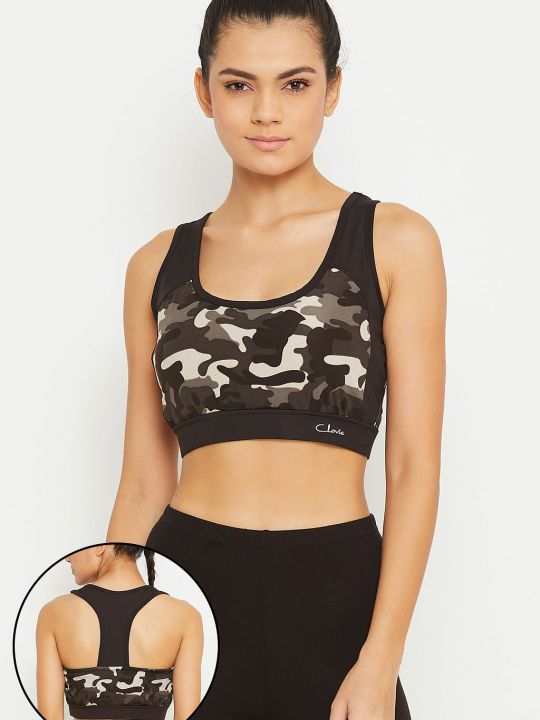 Medium Impact Padded Camouflage Print Racerback Sports Bra in Dark Grey