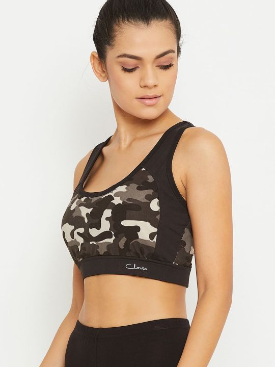 Medium Impact Padded Camouflage Print Racerback Sports Bra in Dark Grey
