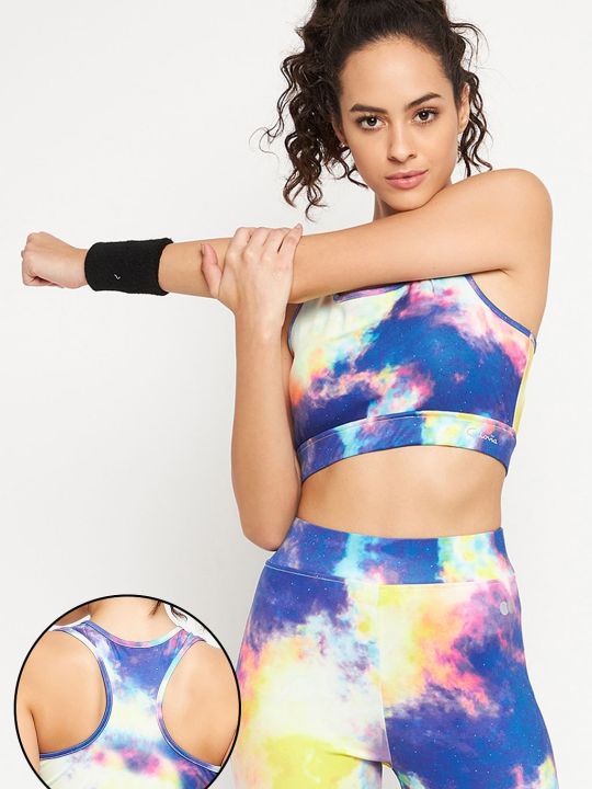 Medium Impact Padded Non-Wired Marble Print Sports Bra in Multicolour with Removable Cups