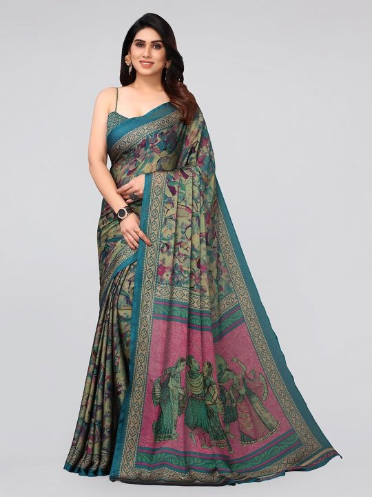 MIRCHI FASHION Turquoise Blue & Green Poly Chiffon Saree