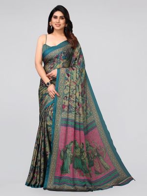 MIRCHI FASHION Turquoise Blue & Green Poly Chiffon Saree