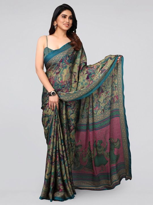 MIRCHI FASHION Turquoise Blue & Green Poly Chiffon Saree