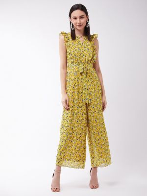 Miss Chase Yellow & Blue Floral Print Basic Jumpsuit with Ruffles