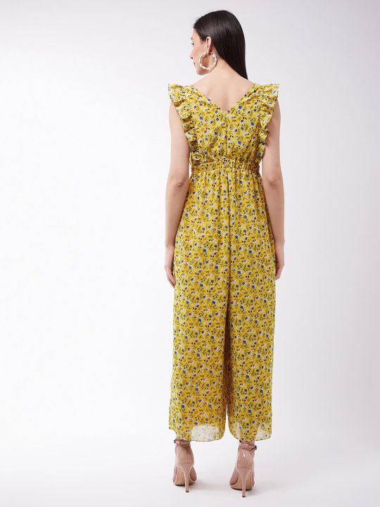 Miss Chase Yellow & Blue Floral Print Basic Jumpsuit with Ruffles