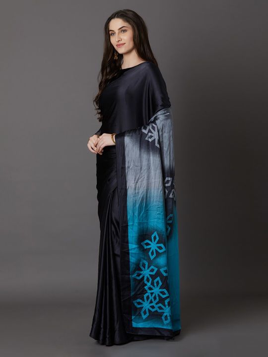Mitera Black & Blue Poly Crepe Printed Saree