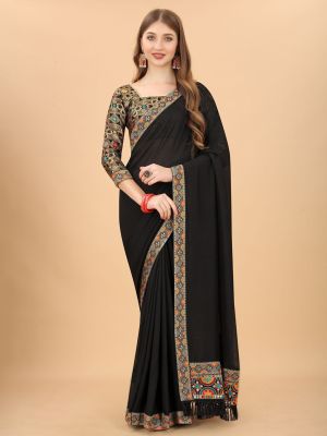 Mitera Black & Orange Pure Silk Saree