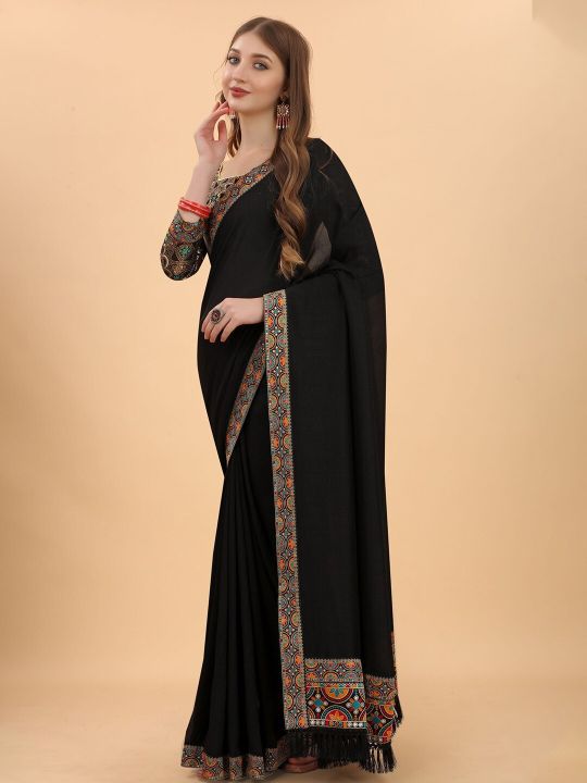 Mitera Black & Orange Pure Silk Saree