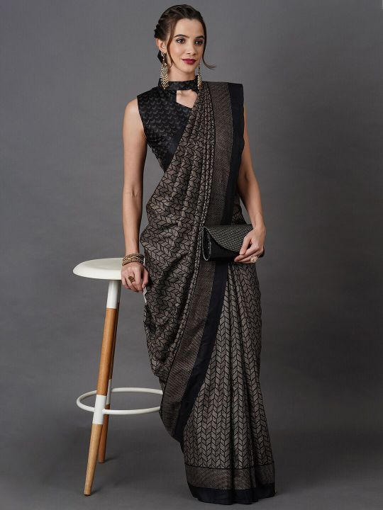 Mitera Black Printed Art Silk Saree