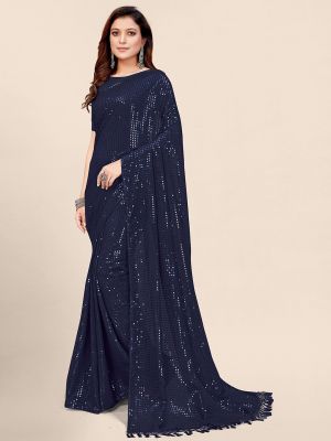 Mitera Blue Embellished Sequinned Pure Georgette Saree