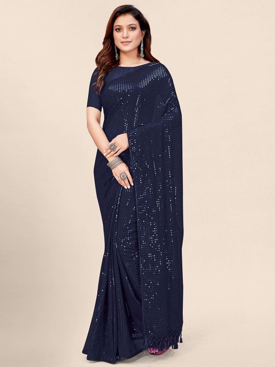 Mitera Blue Embellished Sequinned Pure Georgette Saree