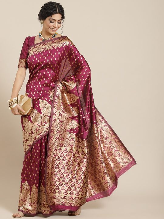 Mitera Magenta Floral Zari Silk Blend Kanjeevaram Saree