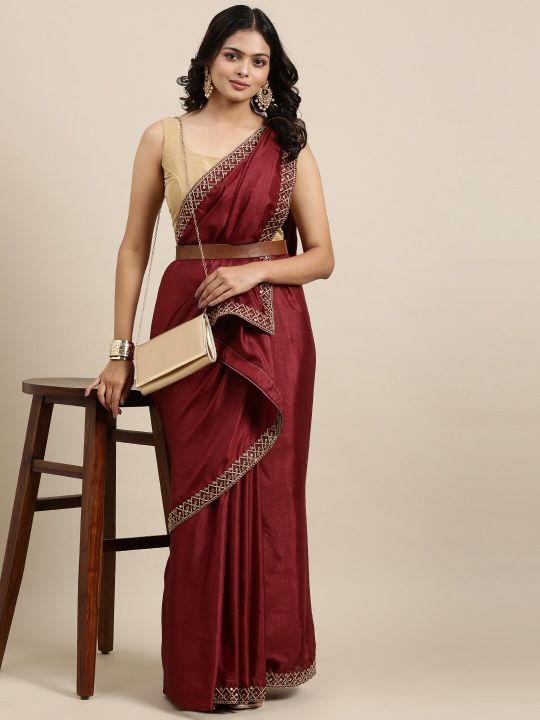 Mitera Maroon Solid Saree wtih Embroidered Border