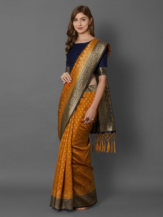 Mitera Mustard Silk Blend Woven Design Banarasi Saree
