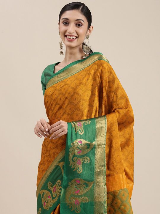 Mitera Mustard Yellow Ethnic Motifs Zari Silk Cotton Banarasi Saree