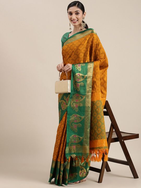 Mitera Mustard Yellow Ethnic Motifs Zari Silk Cotton Banarasi Saree