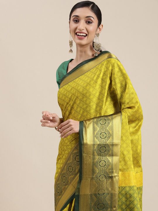 Mitera Olive Green Ethnic Motifs Zari Silk Cotton Banarasi Saree