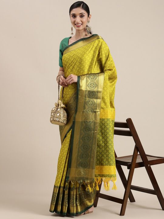 Mitera Olive Green Ethnic Motifs Zari Silk Cotton Banarasi Saree