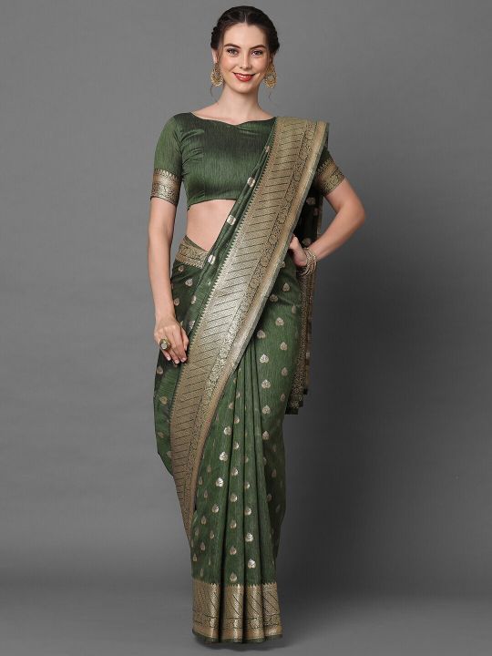 Mitera Olive Green & Gold-Toned Woven Design Zari Silk Cotton Banarasi Saree