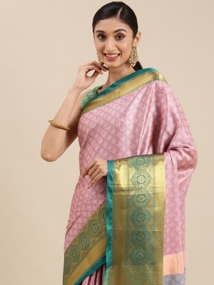 Mitera Pink Ethnic Motifs Zari Silk Cotton Banarasi Saree