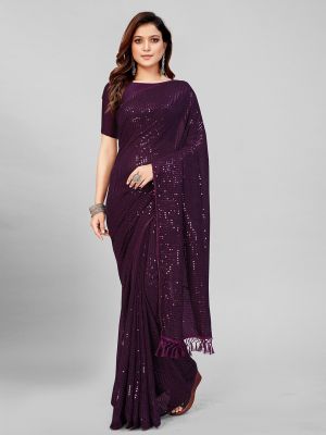 Mitera Purple Embellished Sequinned Pure Georgette Saree