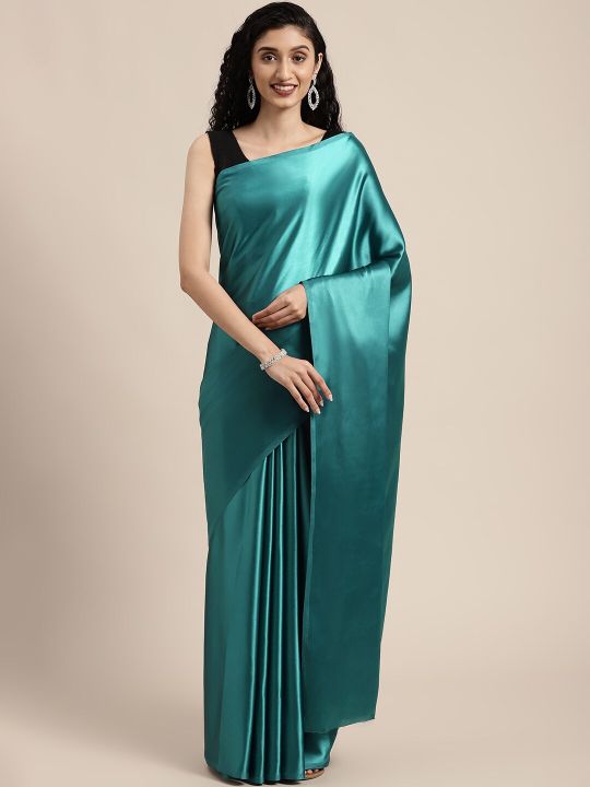 Mitera Teal Blue Solid Satin Saree