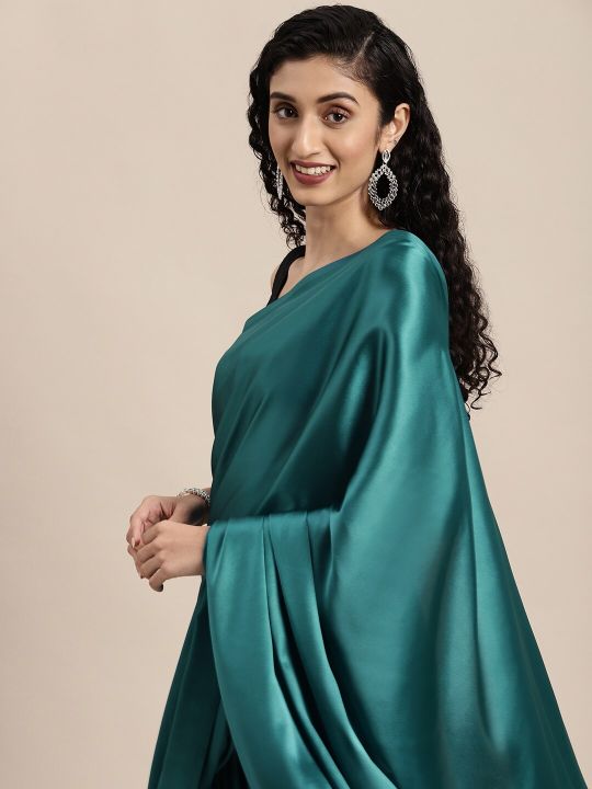 Mitera Teal Blue Solid Satin Saree