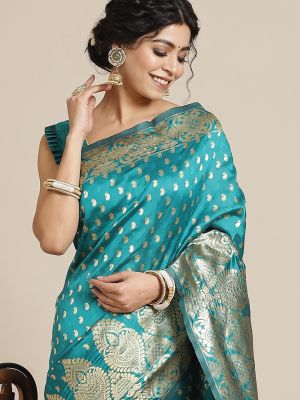 Mitera Turquoise Blue Ethnic Motifs Zari Silk Blend Kanjeevaram Saree