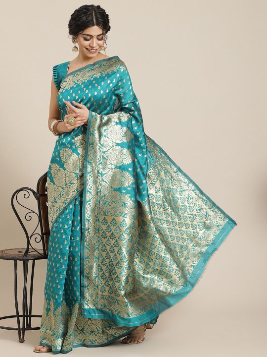Mitera Turquoise Blue Ethnic Motifs Zari Silk Blend Kanjeevaram Saree