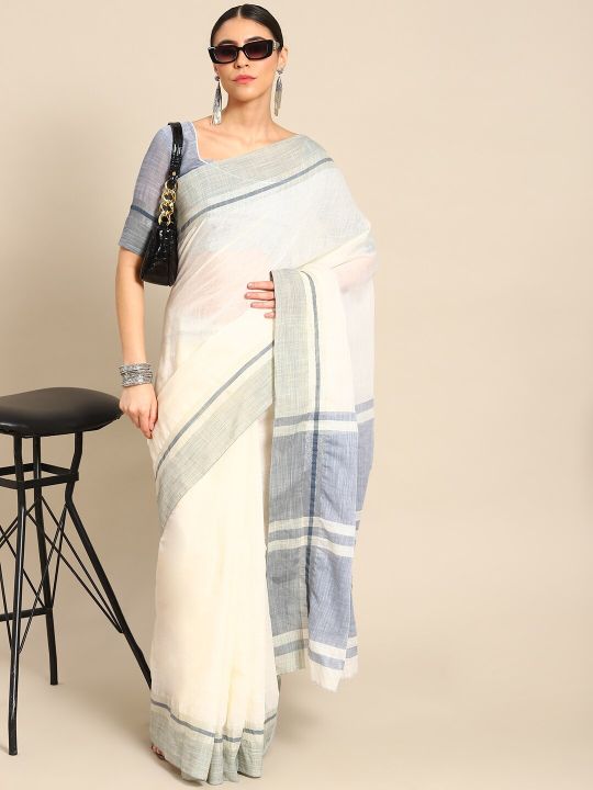 Mitera White Linen Cotton Saree
