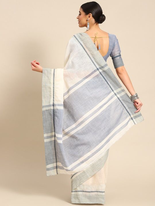 Mitera White Linen Cotton Saree
