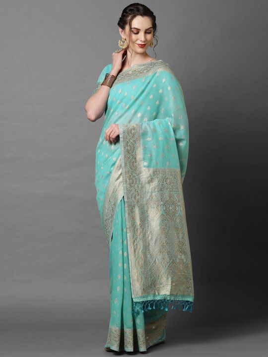 Mitera Women Sky Blue Ethnic Woven Designed Festive Saree