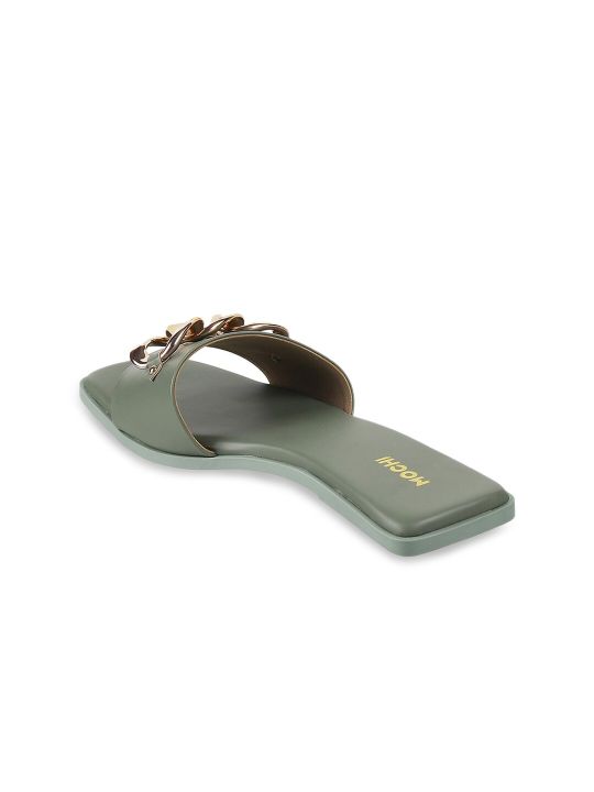 Mochi Women Green & Gold-Toned Open Toe Flats with Buckles