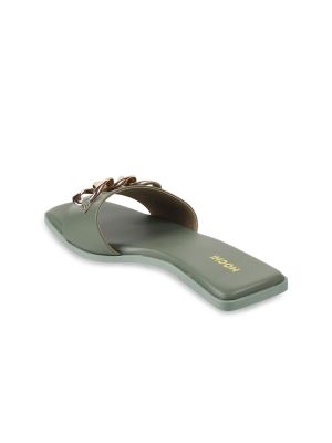 Mochi Women Green & Gold-Toned Open Toe Flats with Buckles