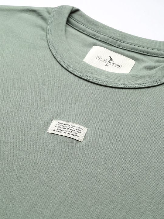 Mr Bowerbird Men Green Pure Cotton Philosophy Crew Neck Oversized Pure Cotton T-shirt