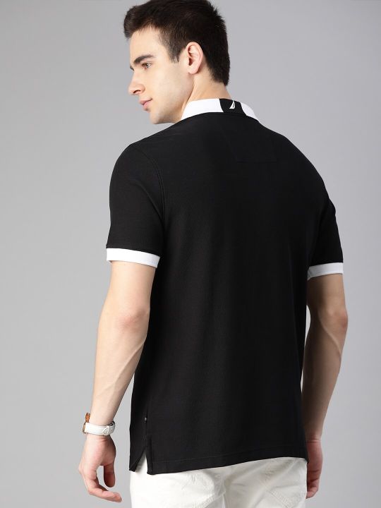 Nautica Men Black Solid Polo Collar Pure Cotton T-shirt