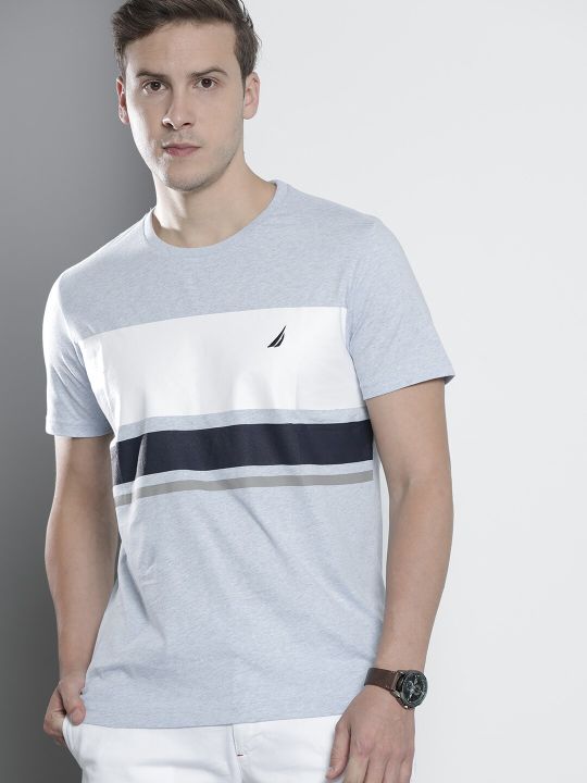 Nautica Men Blue White Colourblocked Pure Cotton T-shirt