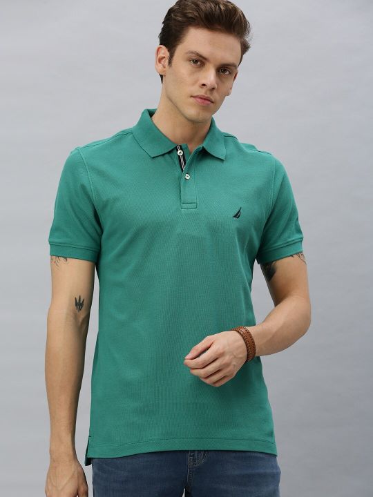 Nautica Men Green Solid Polo Collar Pure Cotton Slim Fit T-shirt