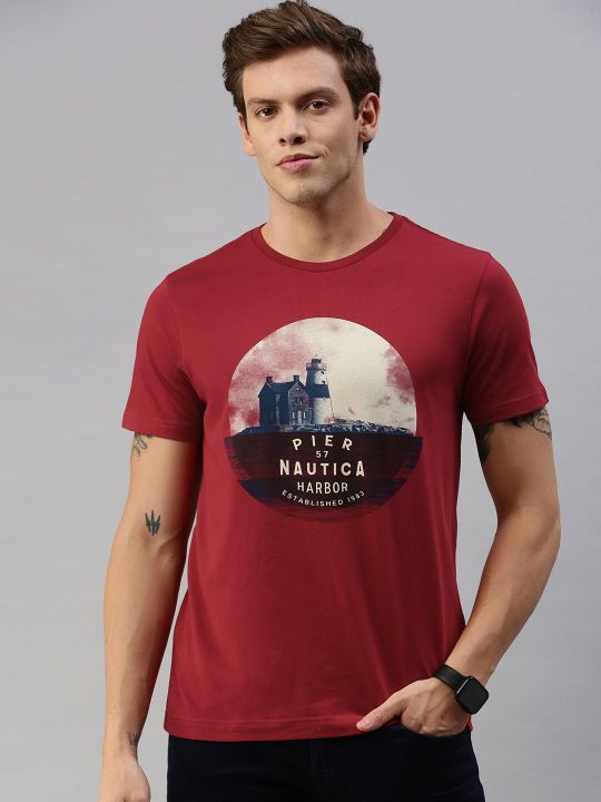 Nautica Men Maroon Graphic Print Round Neck Pure Cotton T-shirt