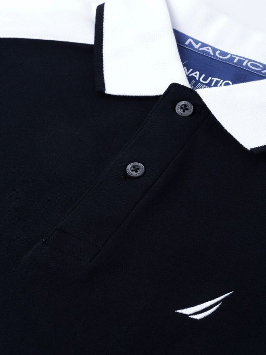 Nautica Men Navy Blue Solid Polo Collar Pure Cotton T-shirt